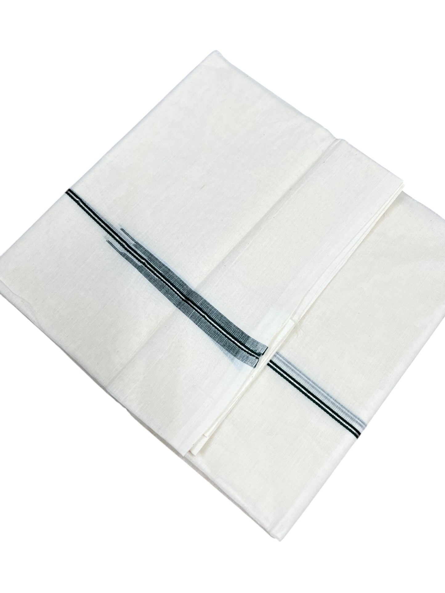 Kerala Pure Cotton Double Mundu with Green And Silver Chutti Kara (South Indian Kerala Dhoti)