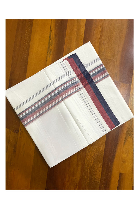 Pure White Cotton Kerala Double Mundu with Maroon Blue Border (South Indian Kerala Dhoti)