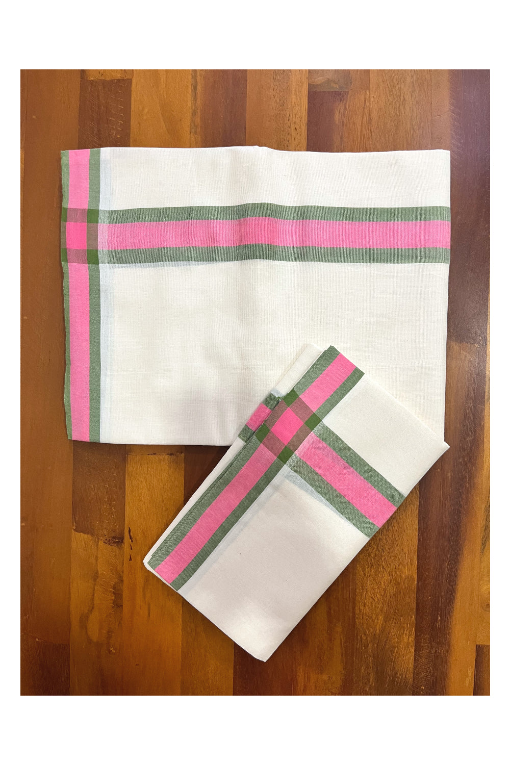 Kerala Mulloth Cotton Single Mundum Neriyathum with Pink Green Border (Extra Soft Cotton)