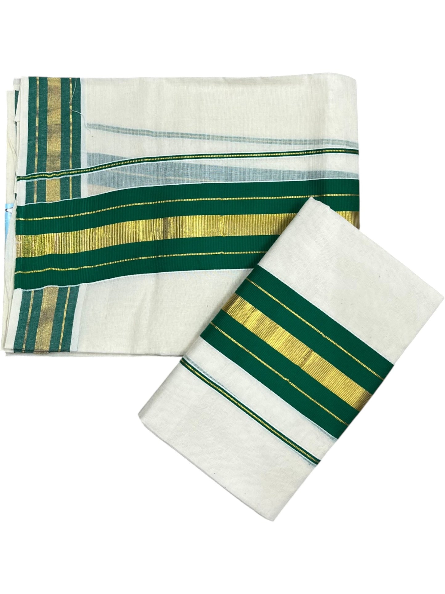 Southloom Kerala Cotton Kasavu Single Set Mundu (Mundum Neriyathum) with Green Kasavu Border SLKK
