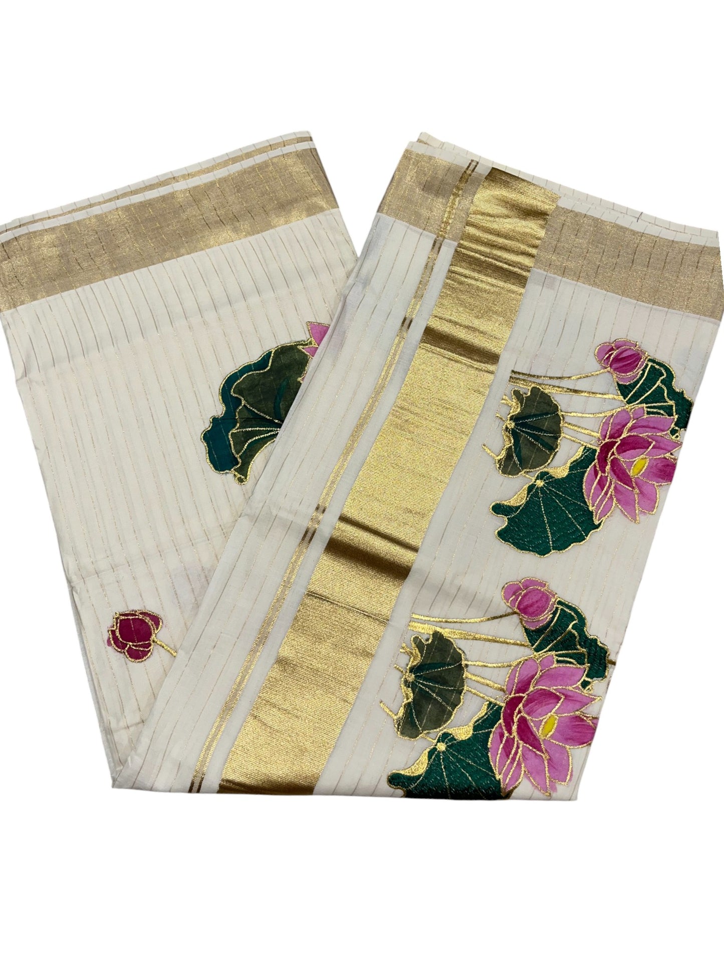 Southloom Cotton Kerala Kasavu Saree with Hand Painted Embroidery Lotus Design
