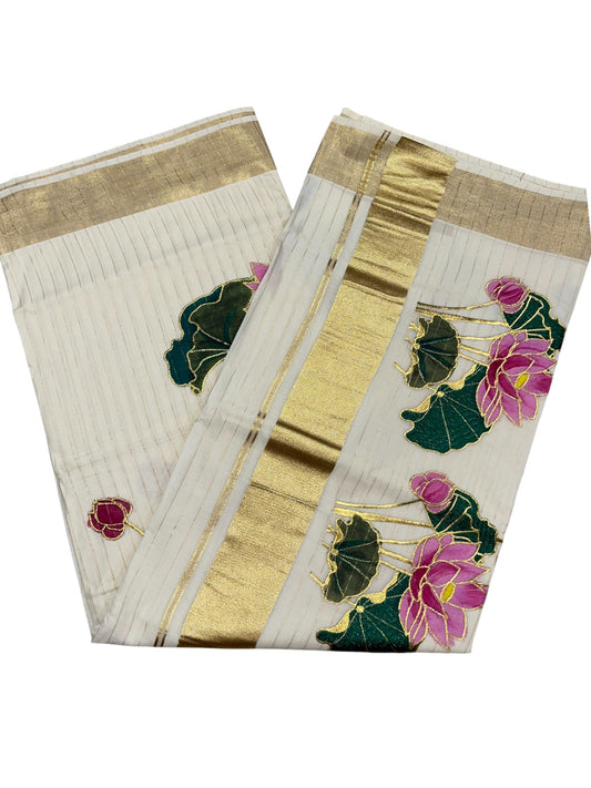 Southloom Cotton Kerala Kasavu Saree with Hand Painted Embroidery Lotus Design