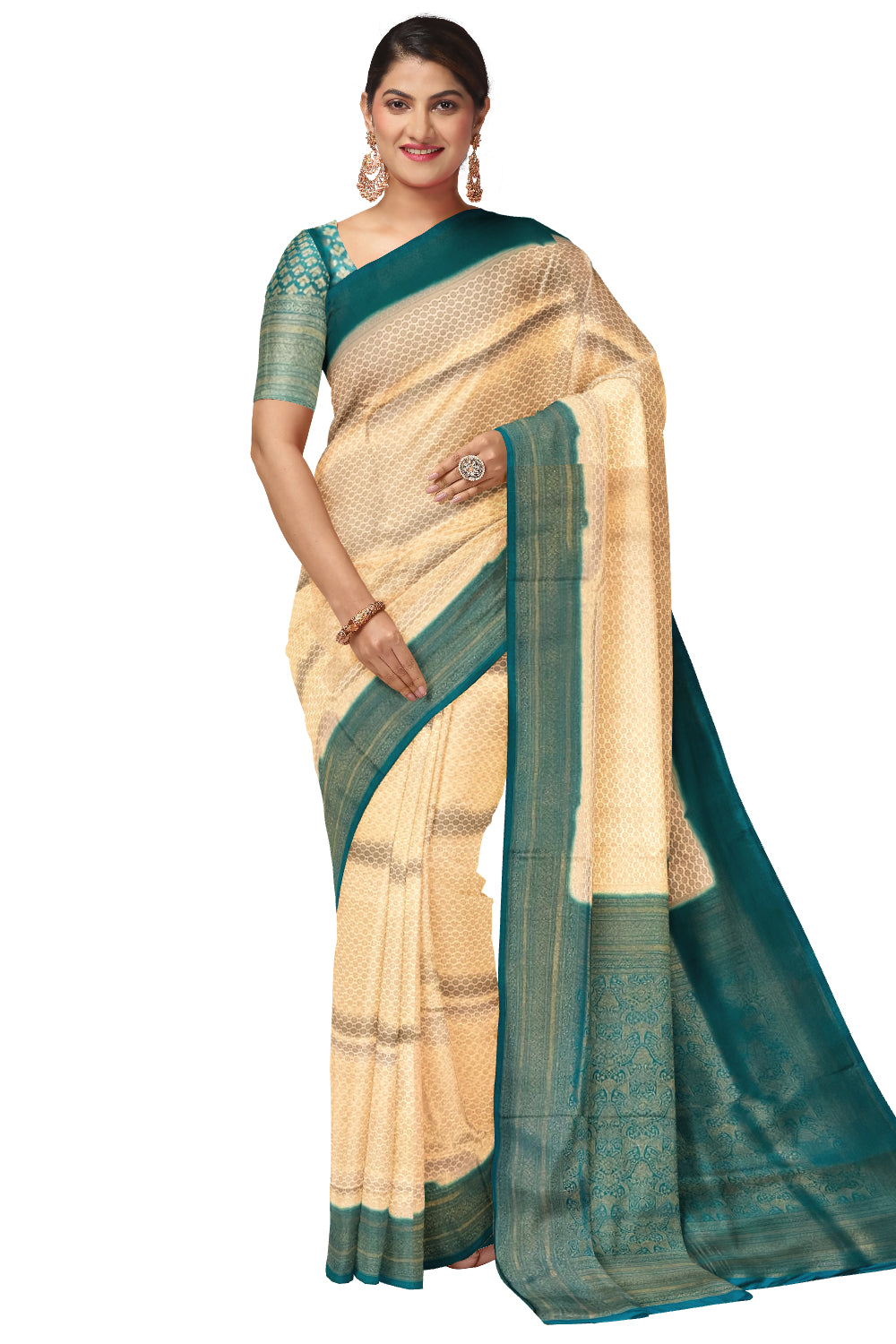 Southloom Soft Silk Beige Designer Saree with Green Border