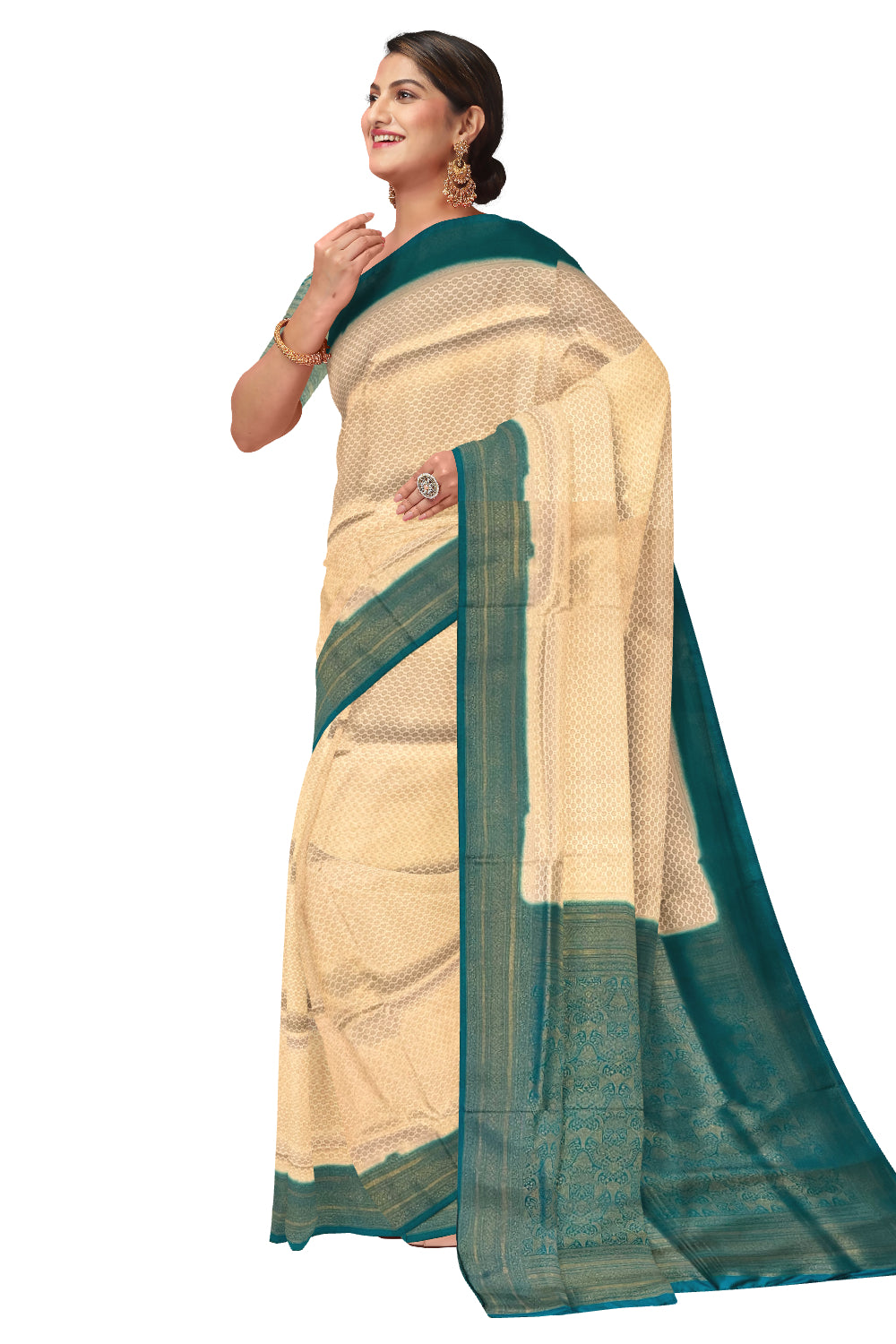 Southloom Soft Silk Beige Designer Saree with Green Border