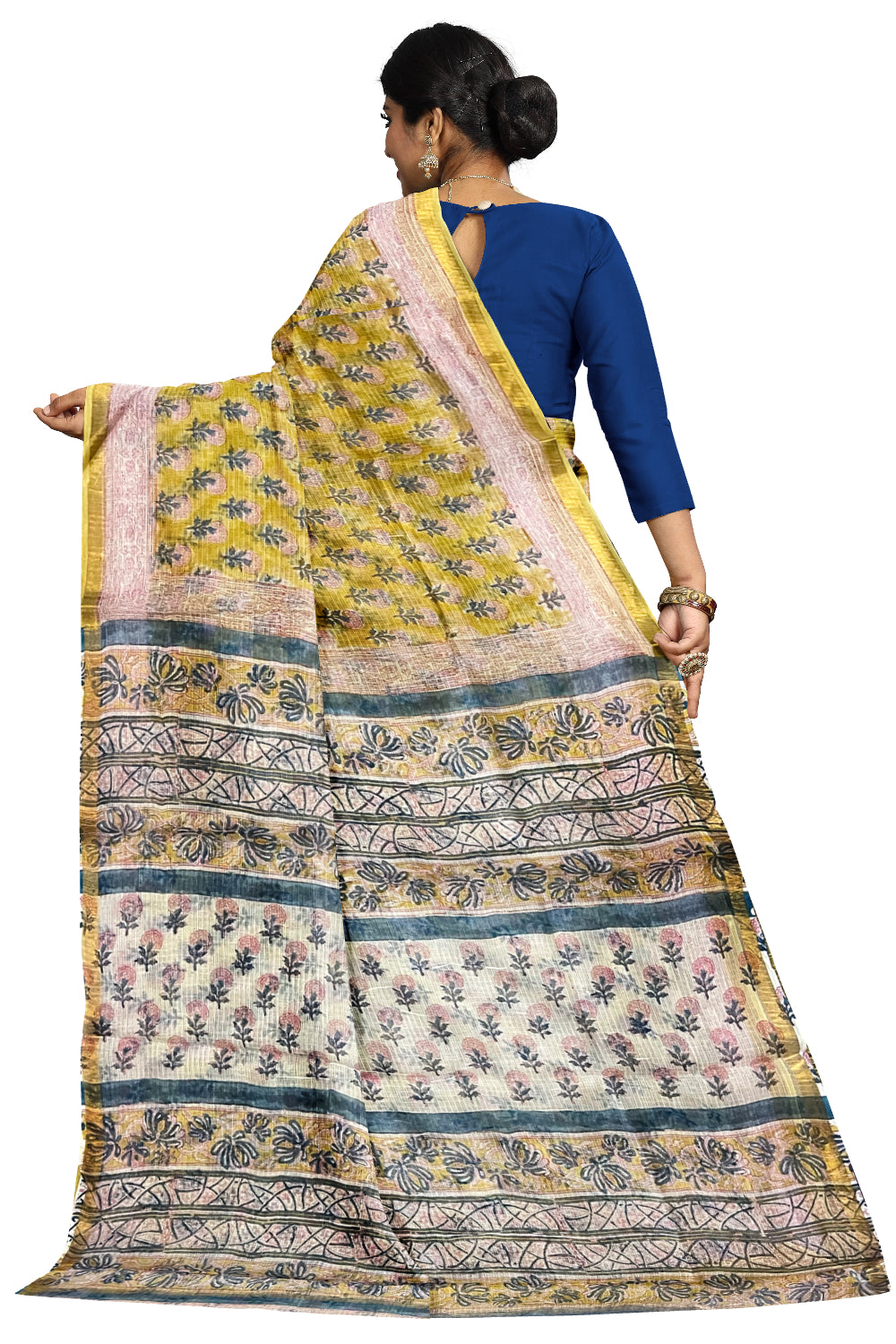 Southloom Kota Fabric Floral Printed Yellow Saree