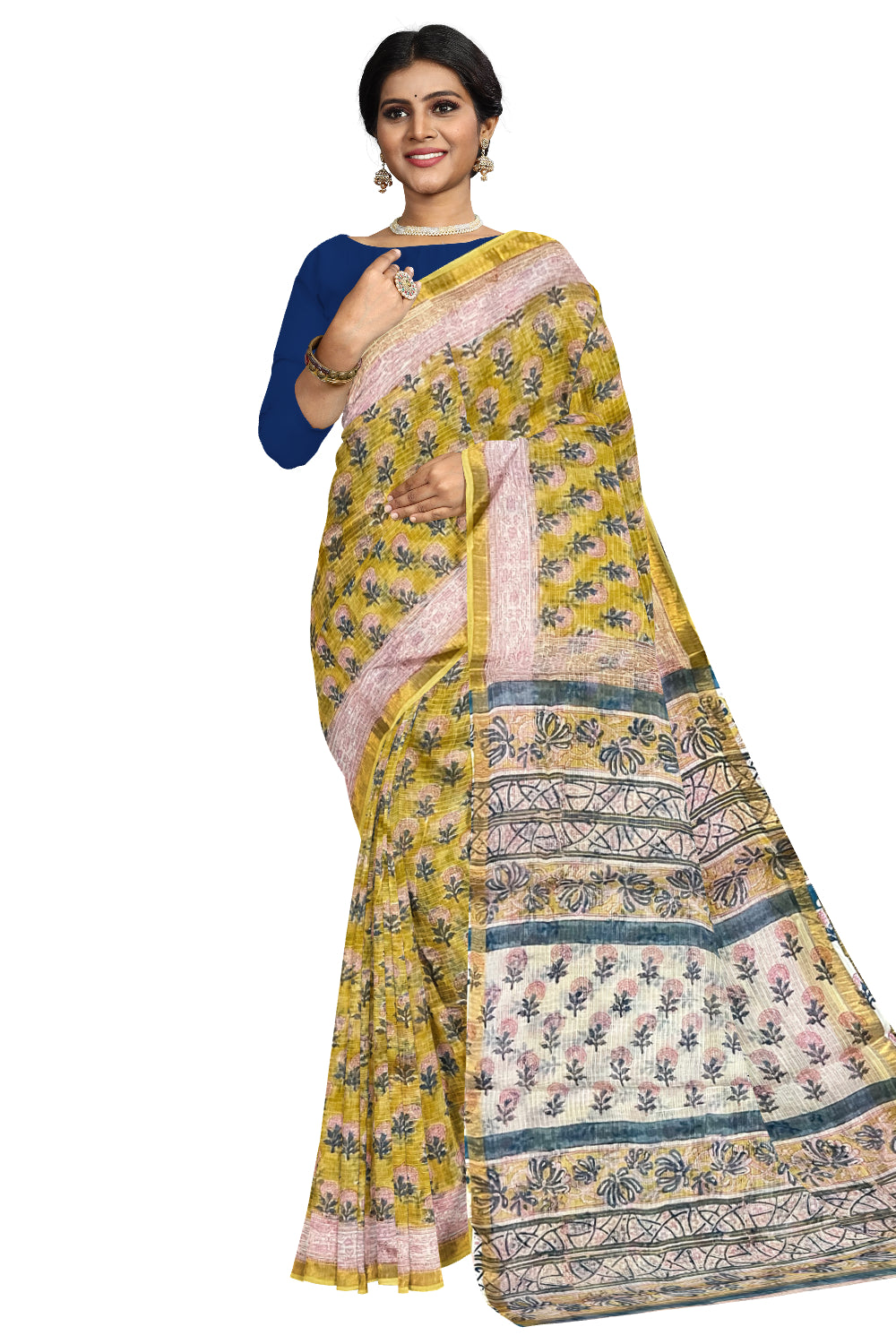 Southloom Kota Fabric Floral Printed Yellow Saree