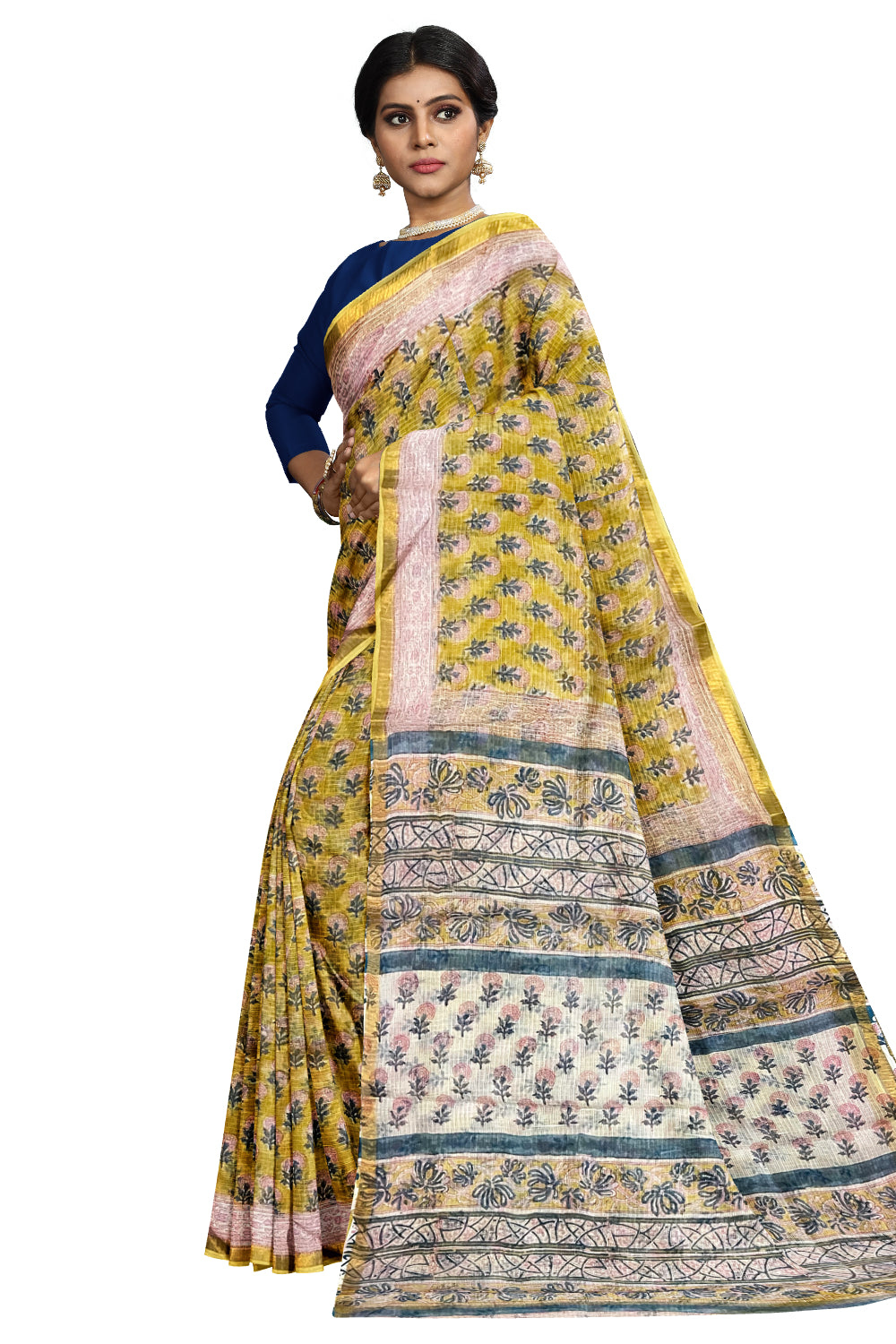 Southloom Kota Fabric Floral Printed Yellow Saree