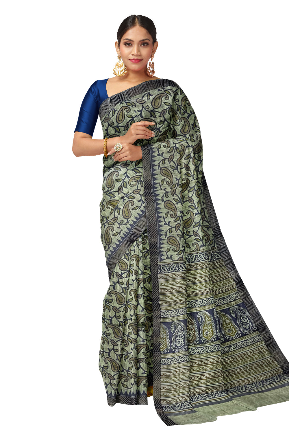 Southloom Cotton Saree with Green Paisley Woven Patterns