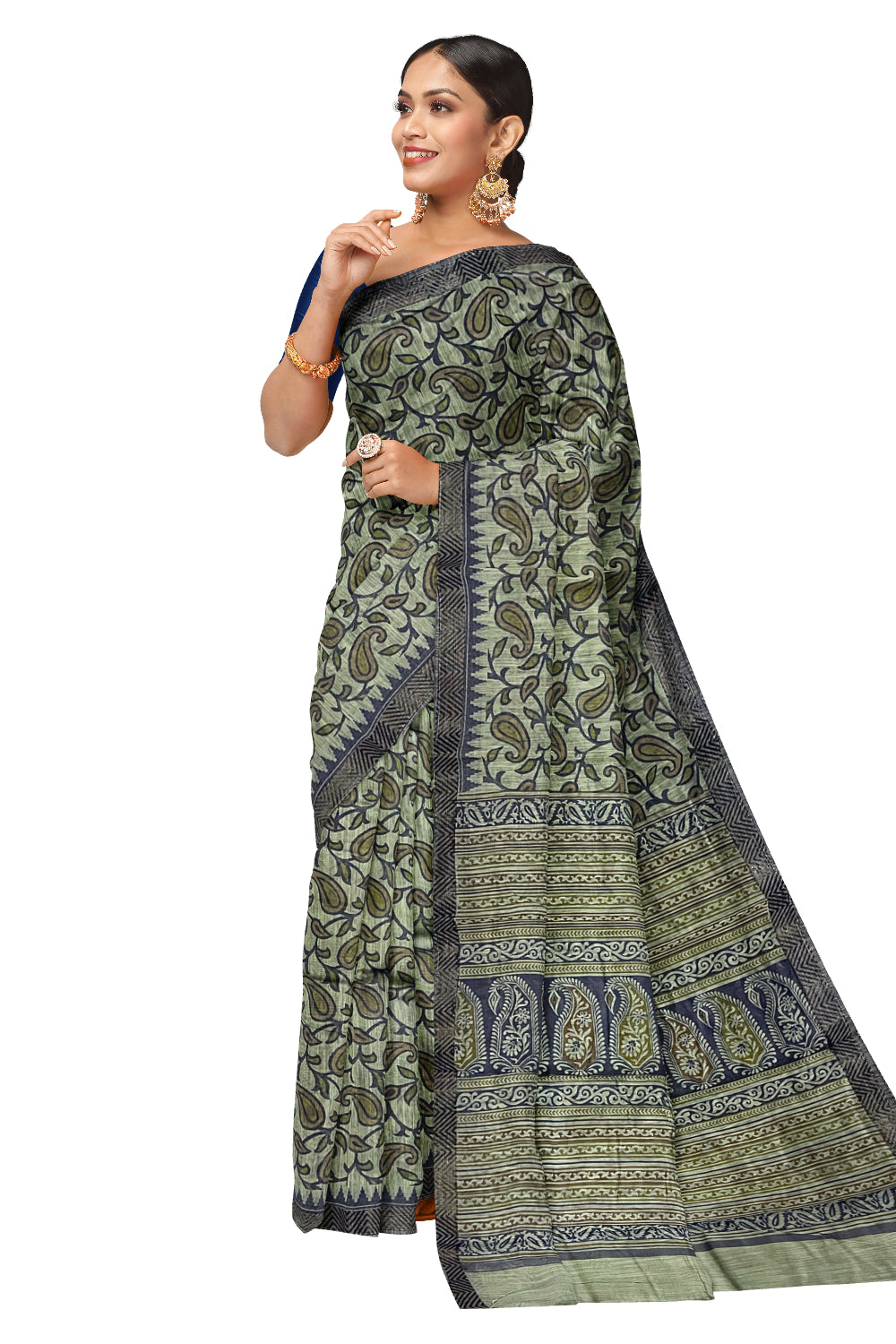 Southloom Cotton Saree with Green Paisley Woven Patterns