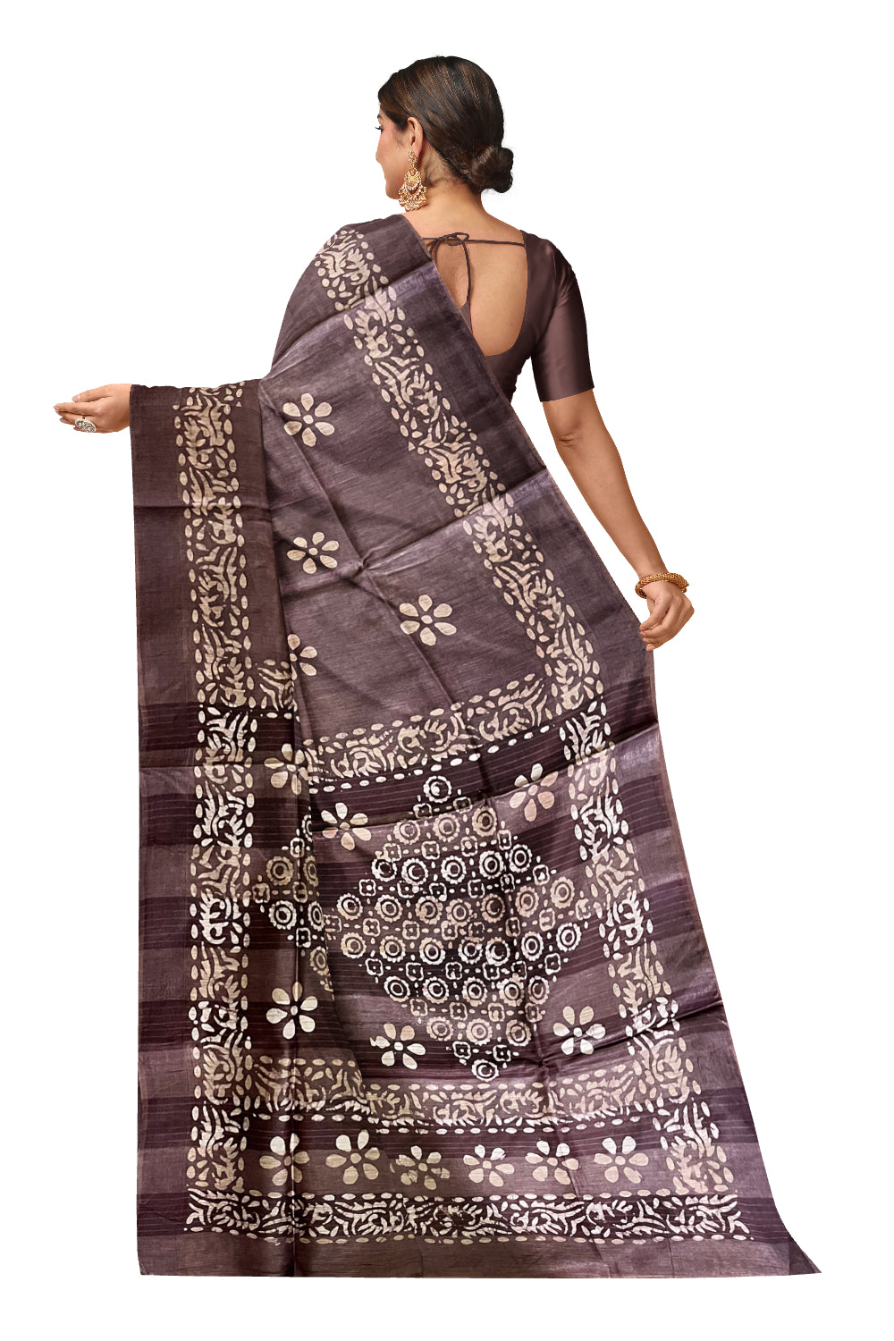 Southloom Cotton Dark Brown Saree with Baswara Prints on Body and Pallu