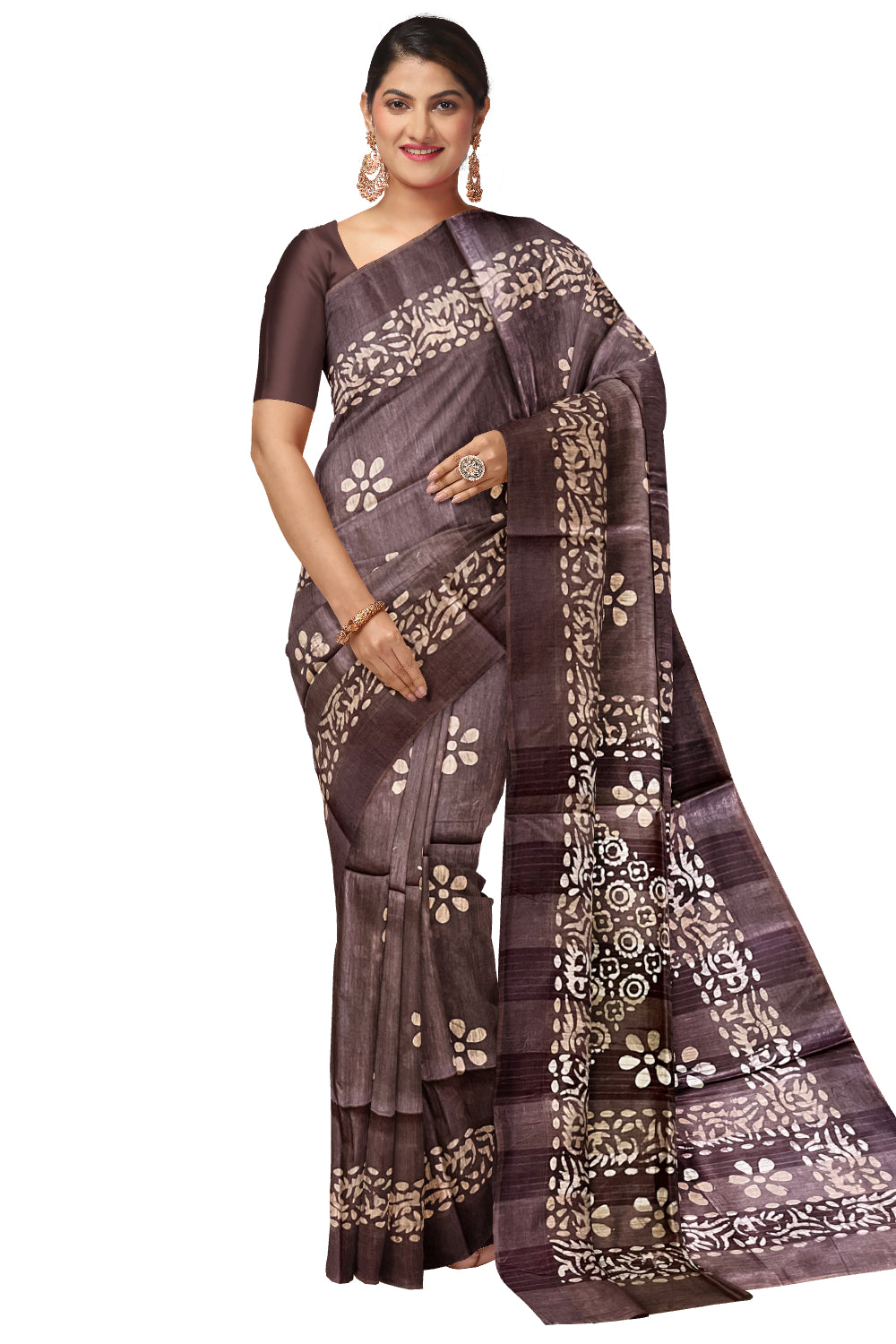 Southloom Cotton Dark Brown Saree with Baswara Prints on Body and Pallu