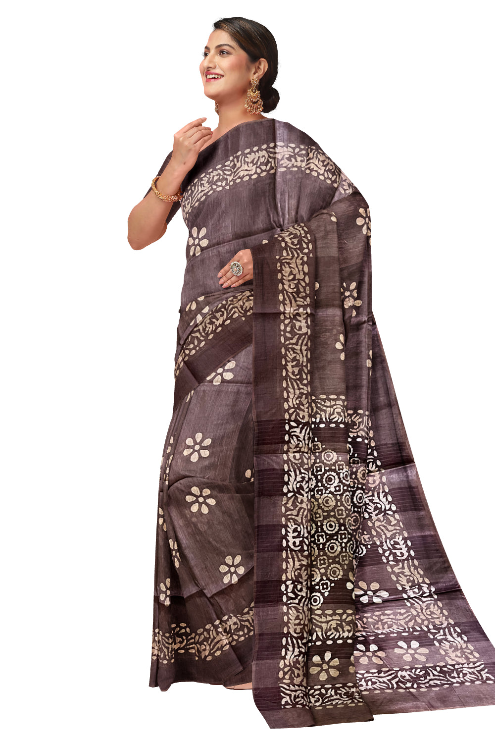 Southloom Cotton Dark Brown Saree with Baswara Prints on Body and Pallu