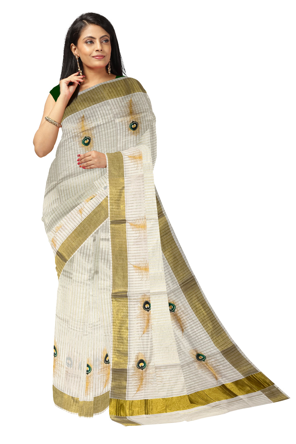 Pure Cotton Kerala Saree with Kasavu Lines and Feather Block Prints Across Body