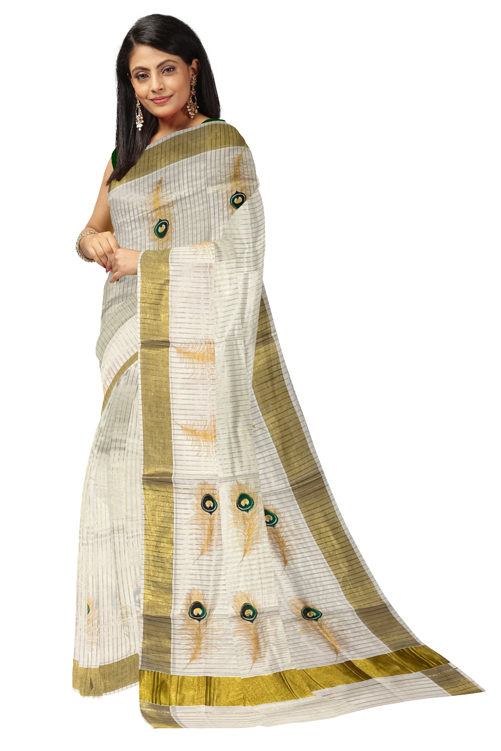 Pure Cotton Kerala Saree with Kasavu Lines and Feather Block Prints Across Body