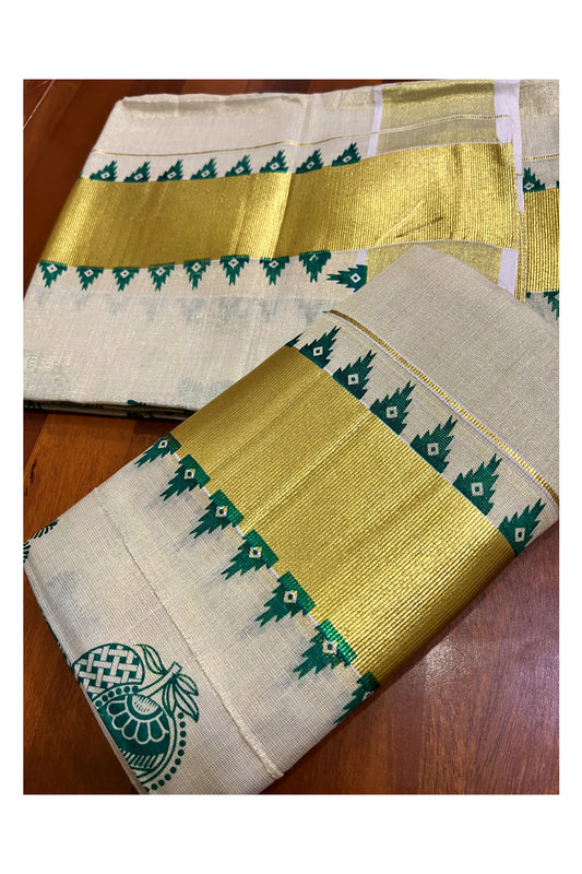 Kerala Tissue Single Set Mundu (Mundum Neriyathum) with Green Block Prints and Temple Border 2.80 Mtrs (Vishu 2024 Collection)