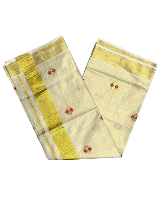 Kerala Tissue Kasavu Stripes Saree with Pink and Gold Embroidery Design on Body
