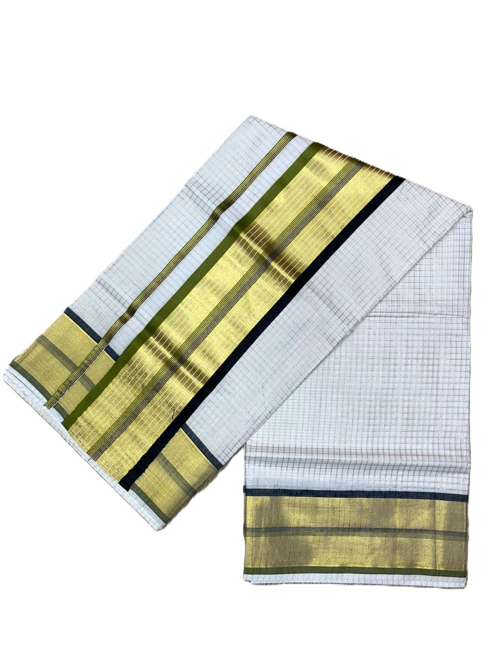 Southloom Kerala Cotton Kasavu Saree with Micro Check Design on Body in Black & Olive Green Border SL453