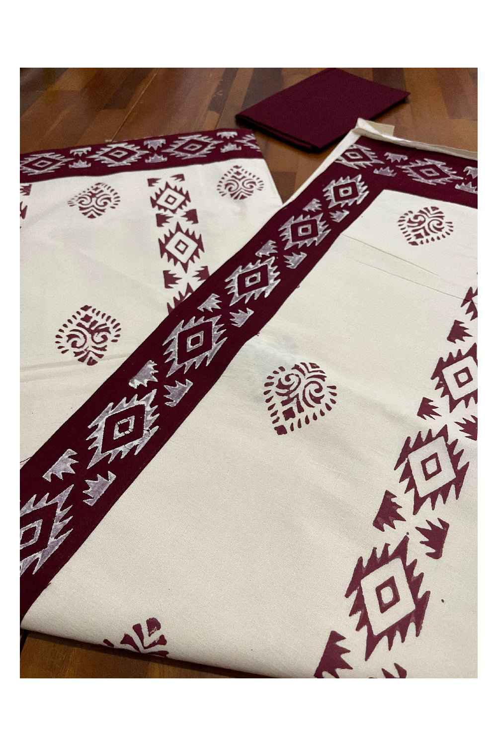 Pure Cotton Onam 2023 Kerala Saree with Hand Block Maroon Batik Prints