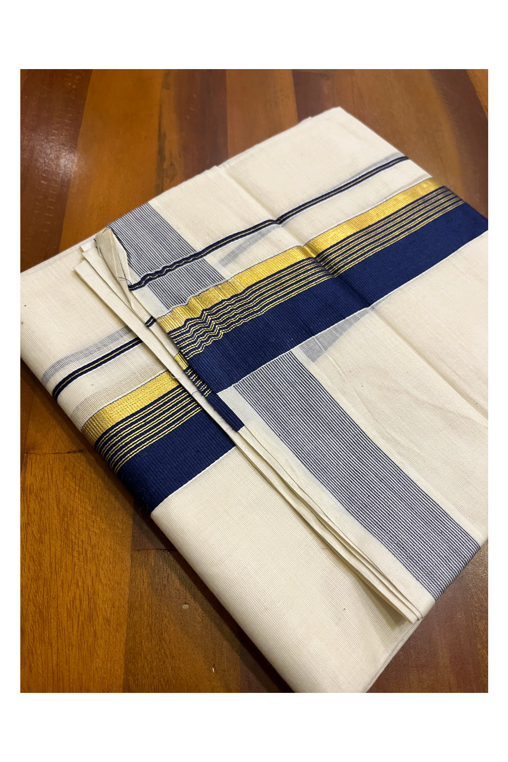 Kerala Pure Cotton Double Mundu with Dark Blue and Kasavu Border (South Indian Kerala Dhoti)