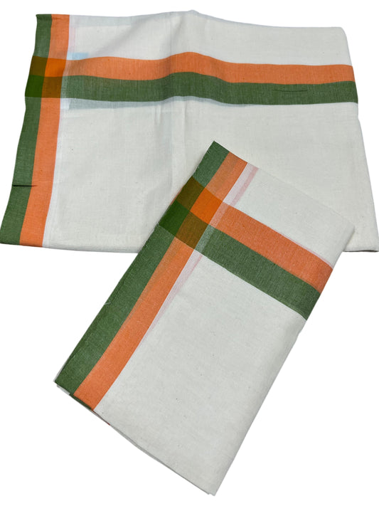 Southloom Pure Cotton Kerala Single Mulloth Set Mundu (Mundum Neriyathum) Green And Orange Border in 2.80 mtrs