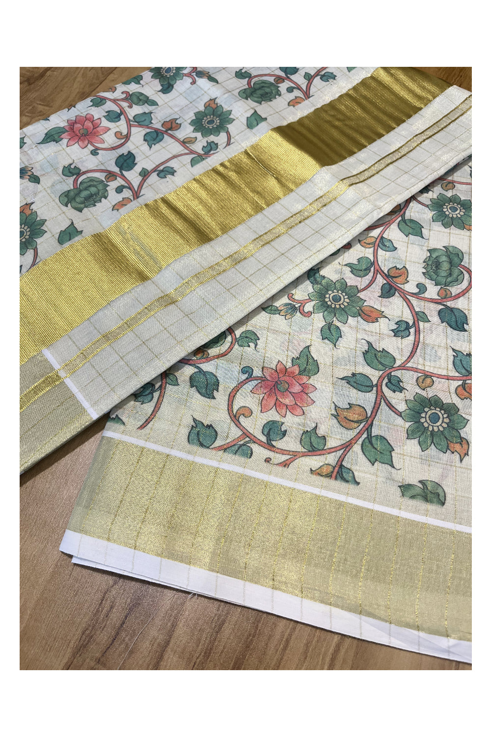 Kerala Tissue Kasavu Check Saree with Green Floral Kalamkari Design