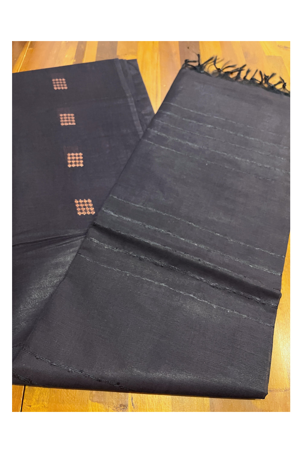 Southloom Cotton Black Saree with Copper Butta Works on Body