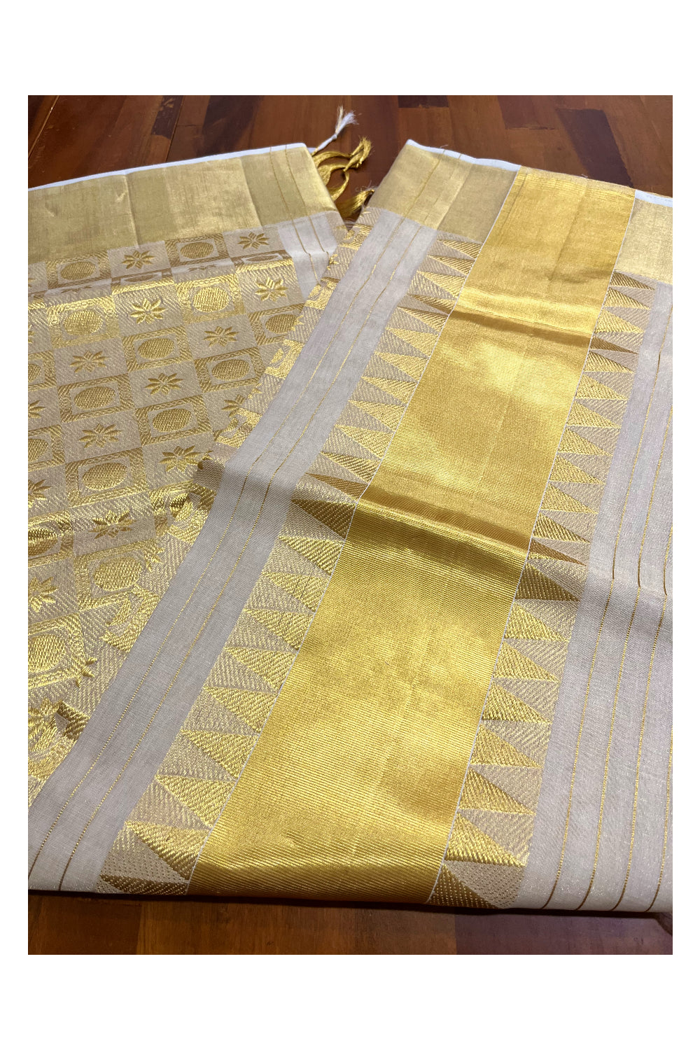 Southloom Premium Handloom Tissue Kasavu Saree with Heavy Woven Designs (Vishu 2024 Collection)