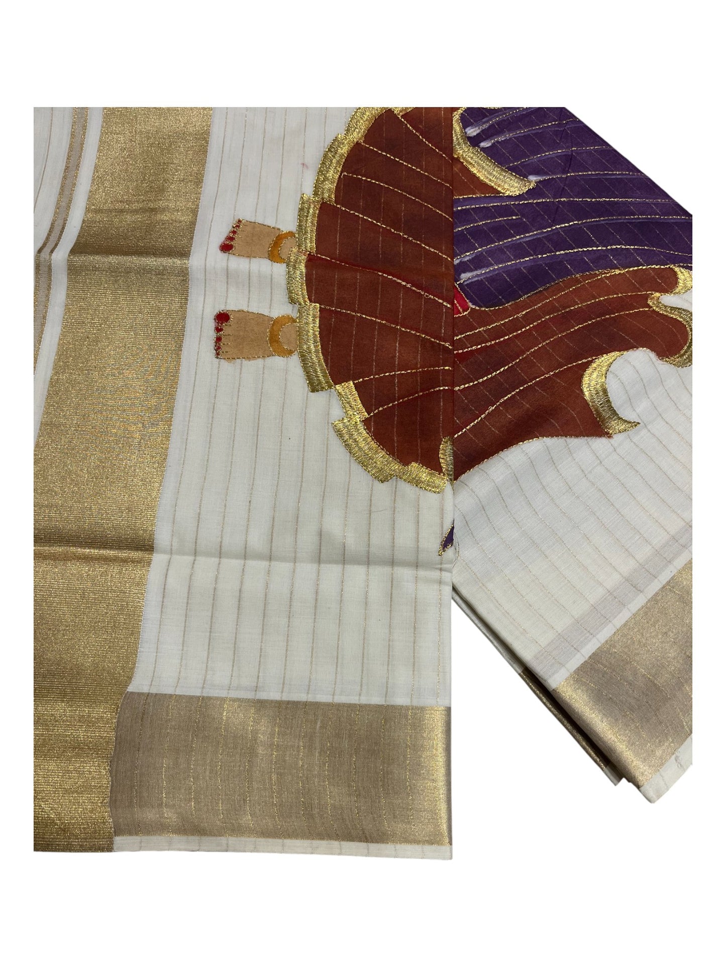 Southloom  Kerala Cotton Kasavu Line Saree with Hand Painted &Embroidery Design