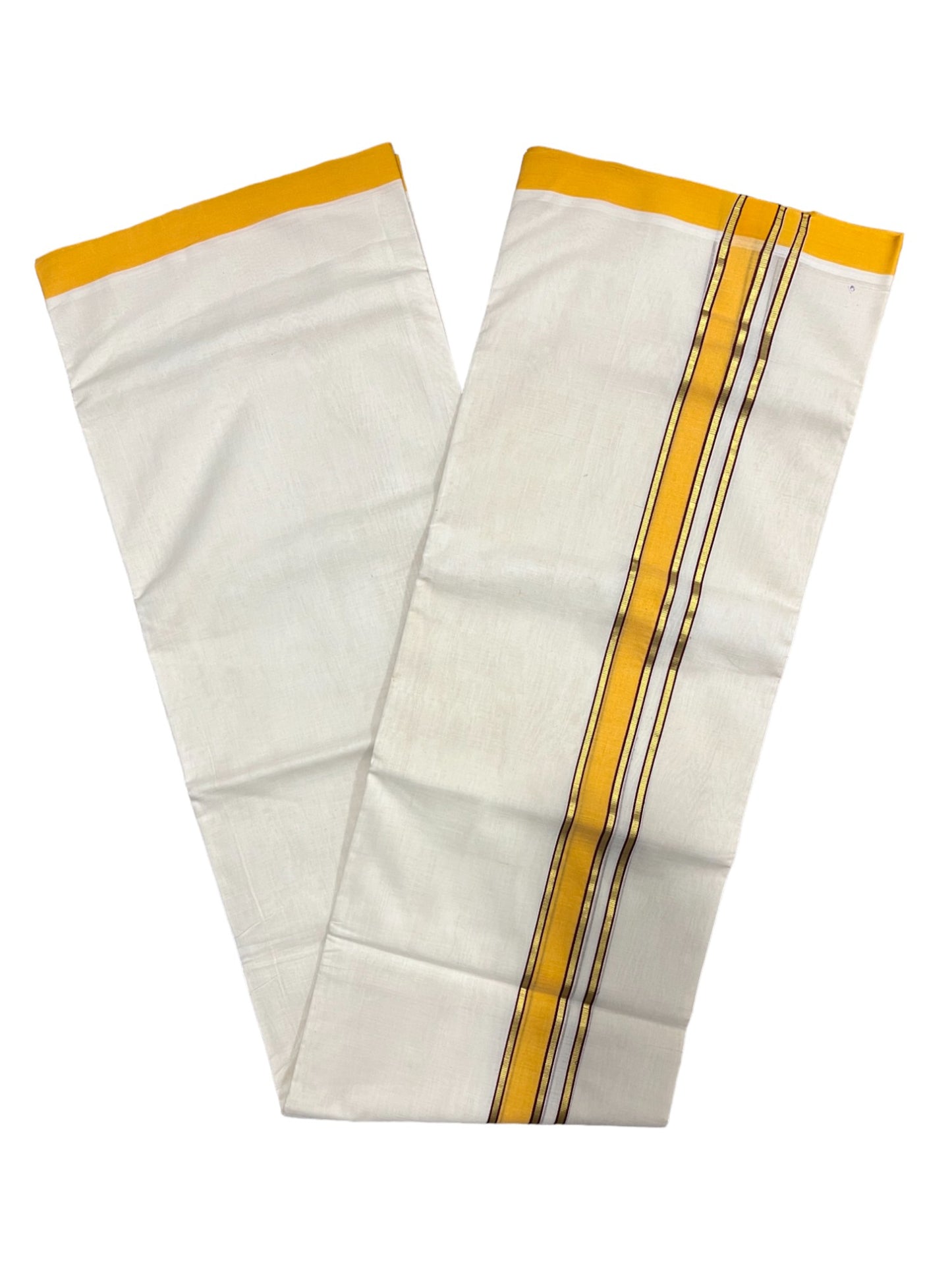 Premium Balaramapuram Handloom Unakkupaavu 1 inch Double Mundu with Kasavu and Bright Orange Kara