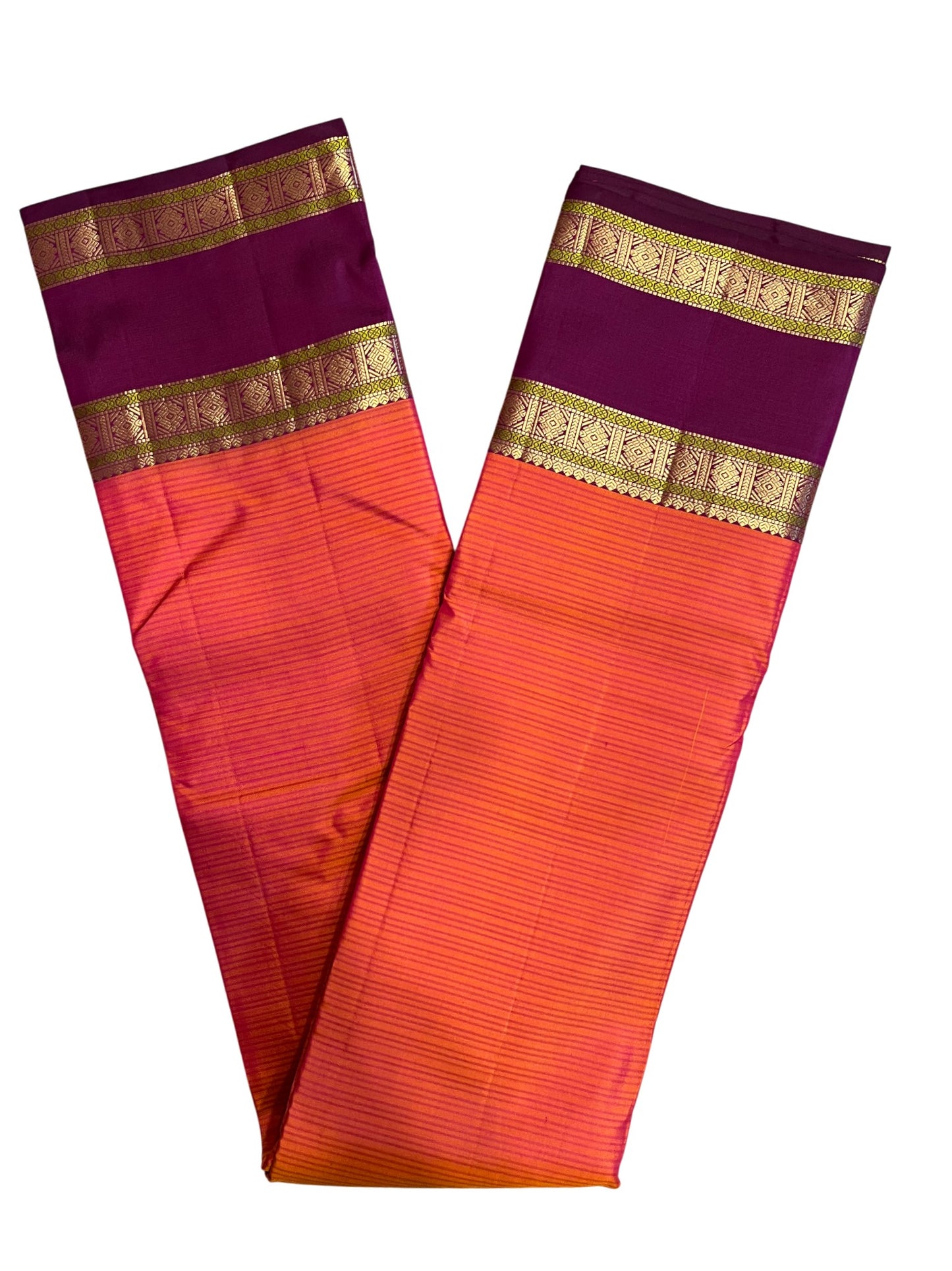 Southloom Pure Handloom Bridal Kanchipuram Silk Saree with Korvai Work (Orange & Violet)