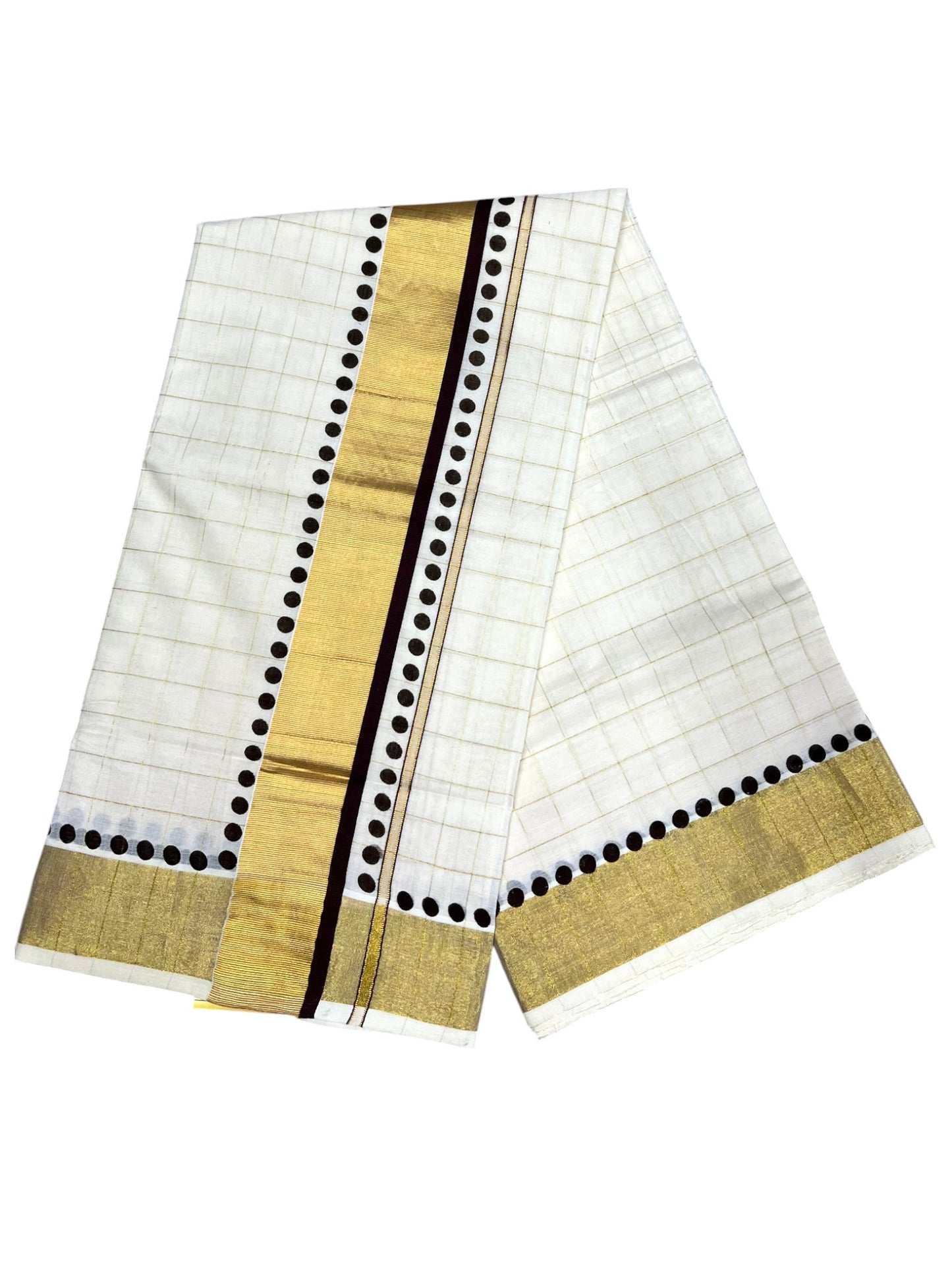 Southloom Cotton Kerala Kasavu Check Saree with Brown Polk Dots Design Border