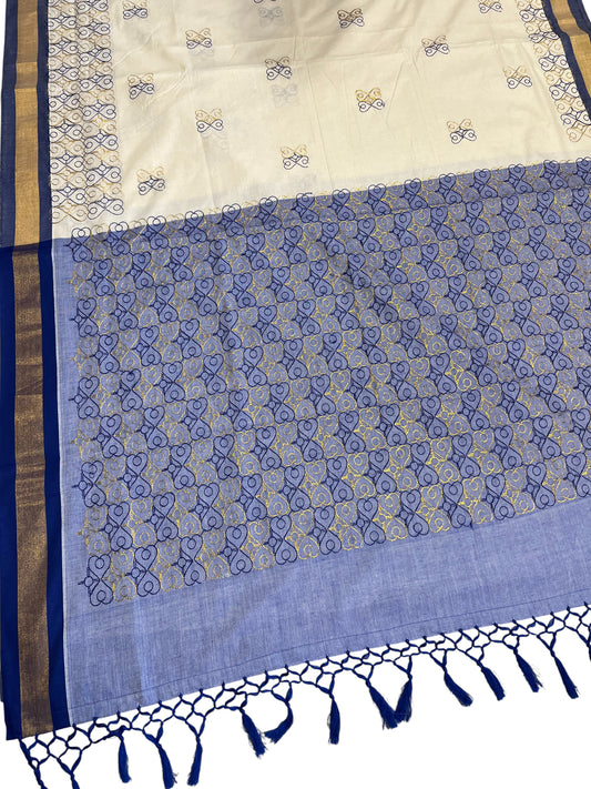 Southloom Kerala Cotton Saree with Blue and Golden Embroidery Works