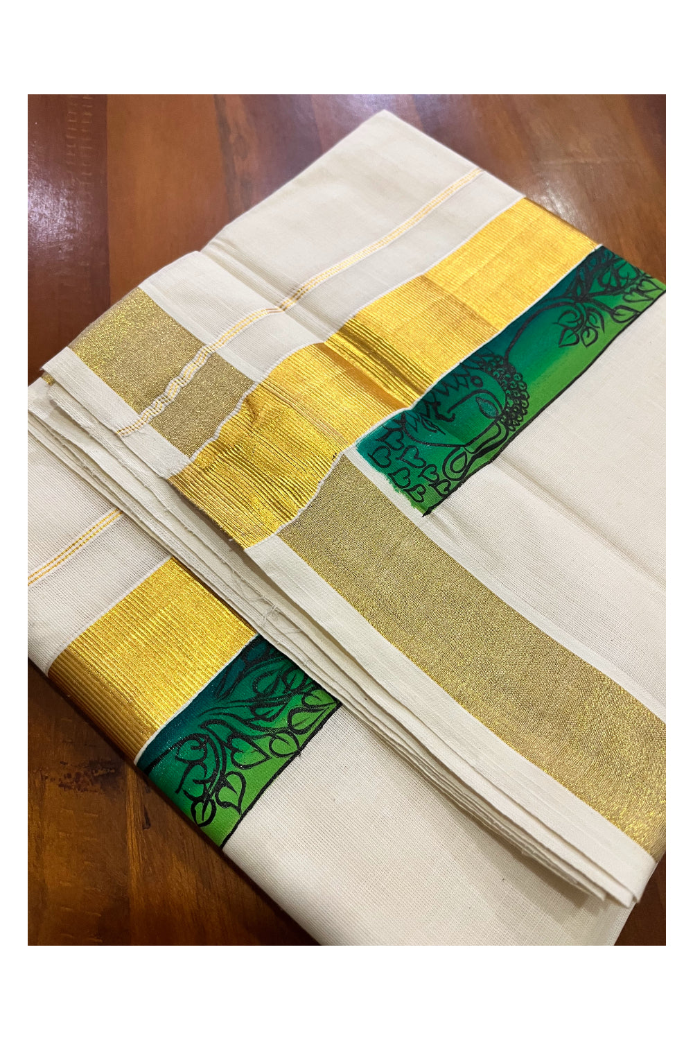 Pure Cotton Kerala Double Mundu with Kasavu Hand Painted Design Border (South Indian Kerala Dhoti)