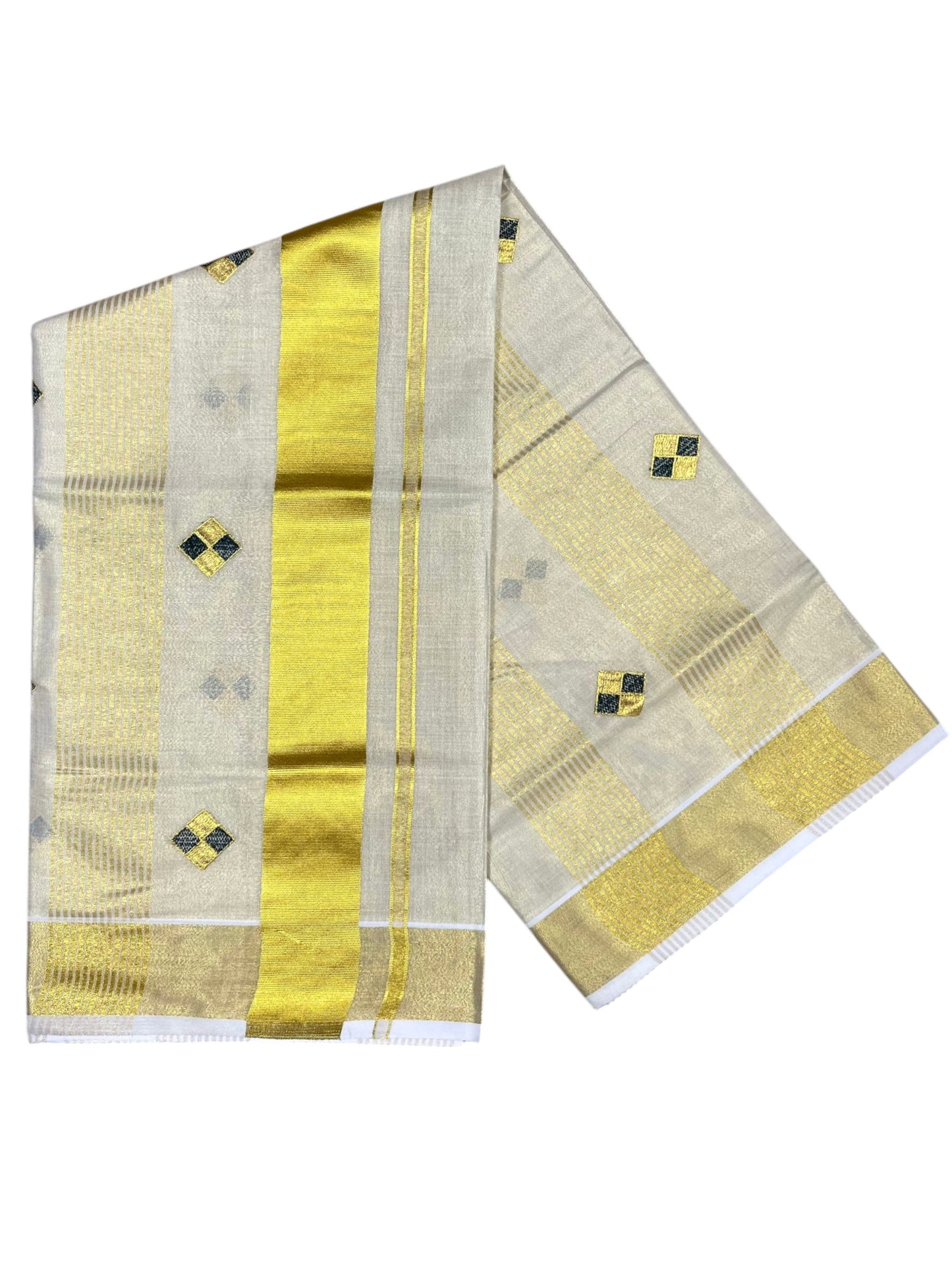 Southloom Kerala Tissue Kasavu Striped Saree with  Diagonal Woven Designs in Green And Gold Body Work