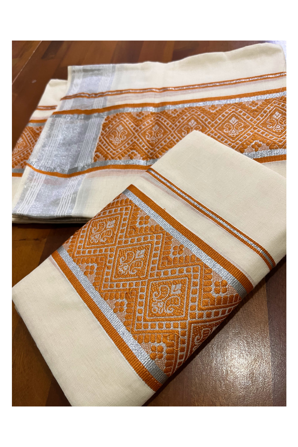 Kerala Cotton Mundum Neriyathum Single (Set Mundu) with Orange Woven Designs and Silver Kasavu Border 2.80 Mtrs