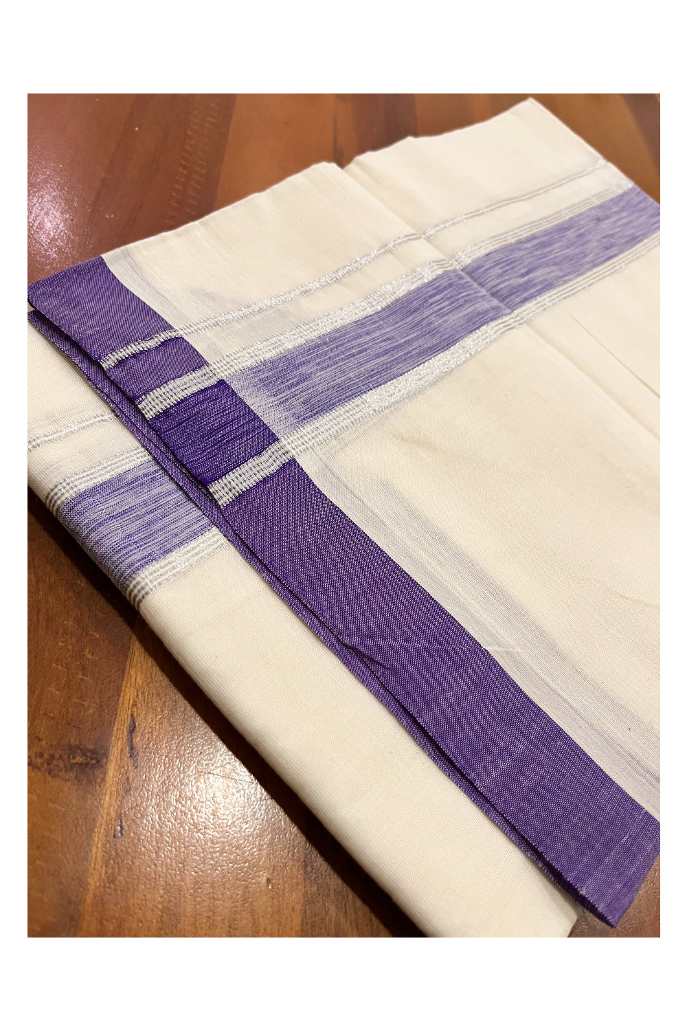 Cotton Double Mundu with Violet and Silver Kasavu Kara (South Indian Kerala Dhoti)