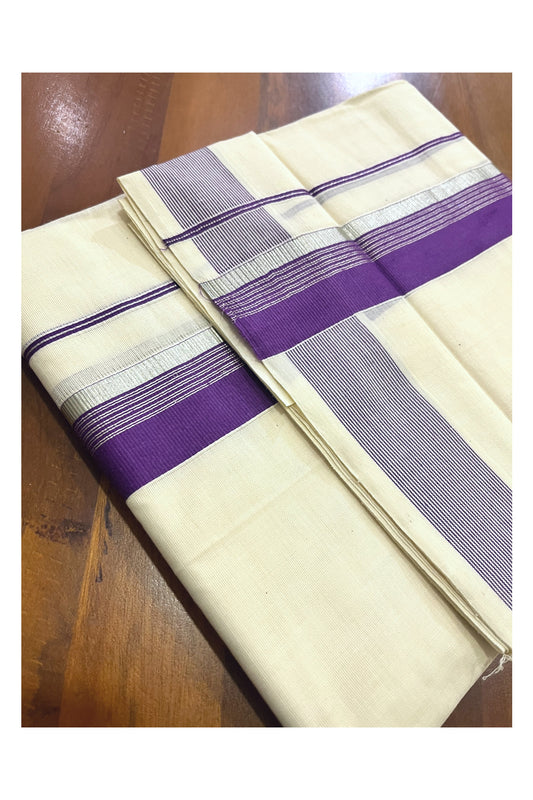 Off White Kerala Cotton Double Mundu with Silver Kasavu and Purple Border (South Indian Kerala Dhoti)