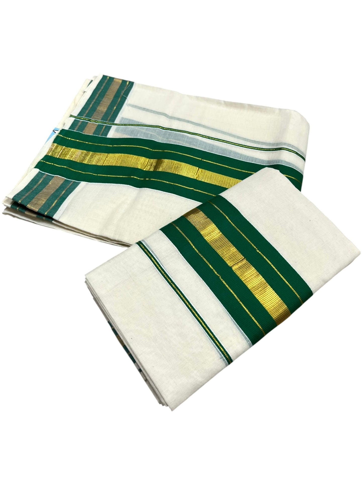 Southloom Kerala Cotton Kasavu Single Set Mundu (Mundum Neriyathum) with Green Kasavu Border SLKK