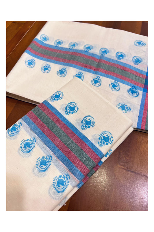 Kerala Pure Cotton Single Set Mundu (Mundum Neriyathum) with Blue Block Prints on Blue Red Border