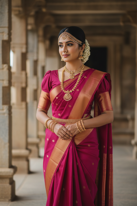 Southloom Premium Handloom Bridal Kanchipuram Silk Saree with Butta Work (Magenta)