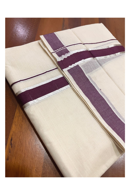 Pure Cotton Double Mundu with Silver Kasavu and Purple Kara (South Indian Kerala Dhoti)