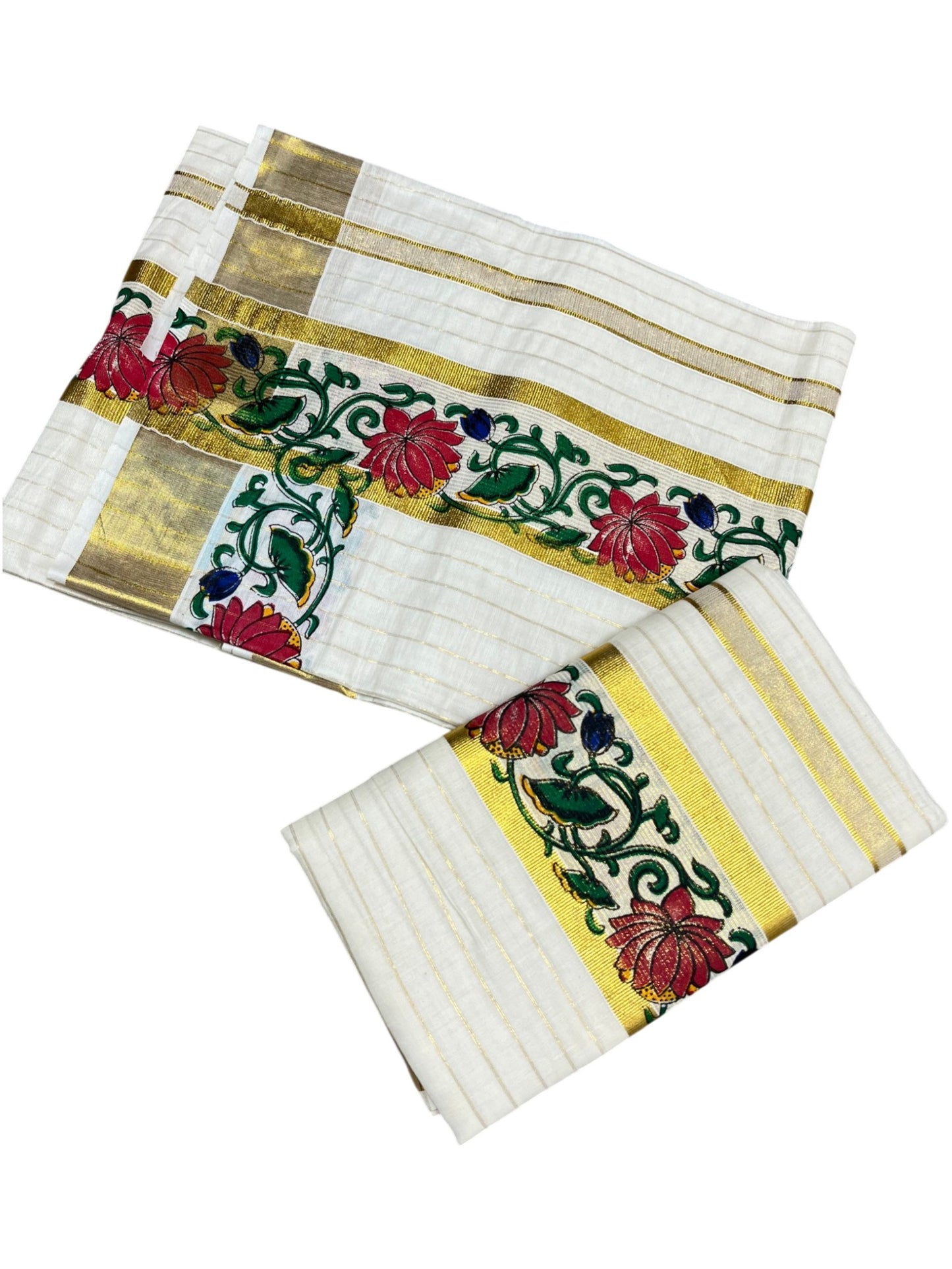 Southloom Cotton Lines Single Set Mundu (Mundu Neriyathum) With Red Floral Print And Gold Border Kasavu in 2.80 Mtrs