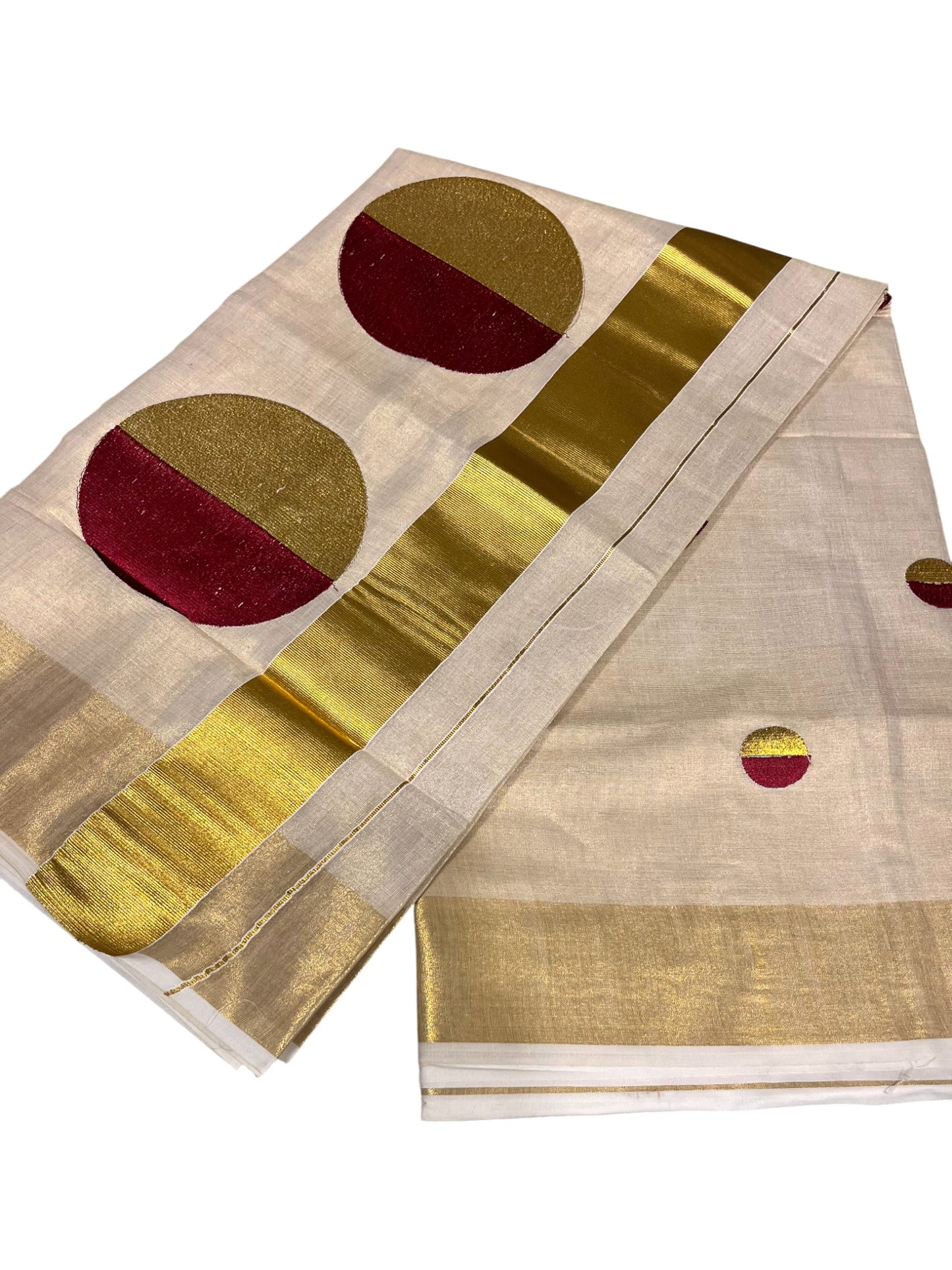 Southloom Kerala Tissue Kasavu Saree With Maroon Polka Dots Embroidery on Body