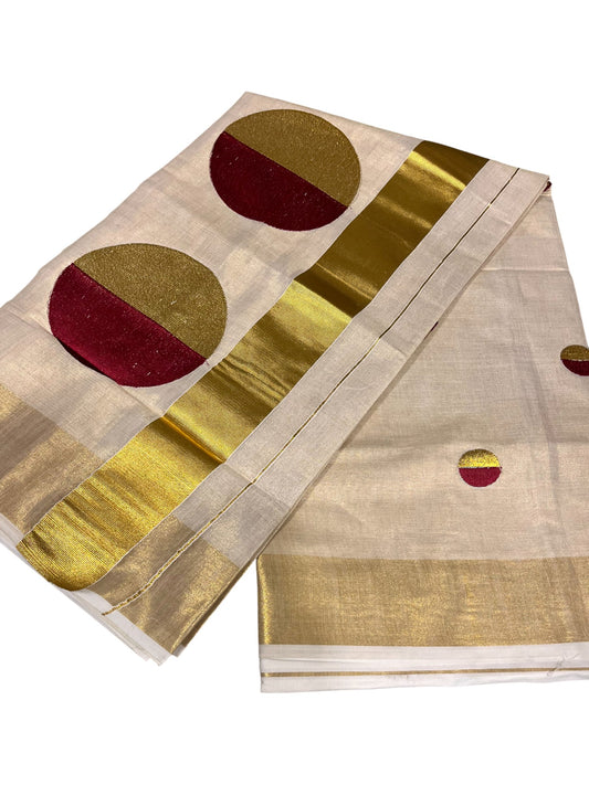 Southloom Kerala Tissue Kasavu Saree With Maroon Polka Dots Embroidery on Body