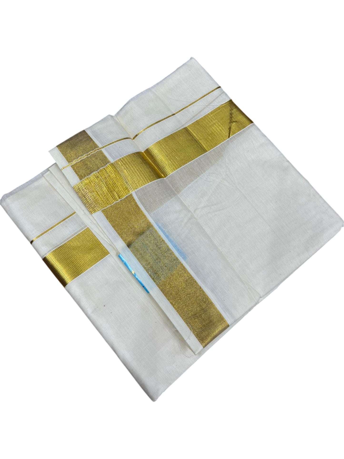 Southloom Kerala Pure Cotton Double Mundu with Gold Kasavu and Border (South Indian Dhoti)