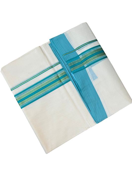 Southloom Pure Cotton Mundu with Golden Lines and Peacock Green Border (South Indian Kerala Dhoti)