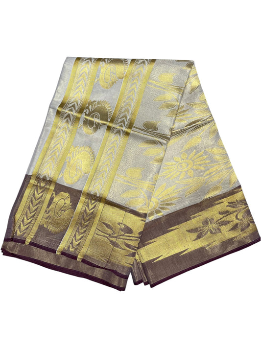 Southloom  Kerala Tissue Kasavu Heavy Work Saree with Peacock Design And Maroon Border SL483