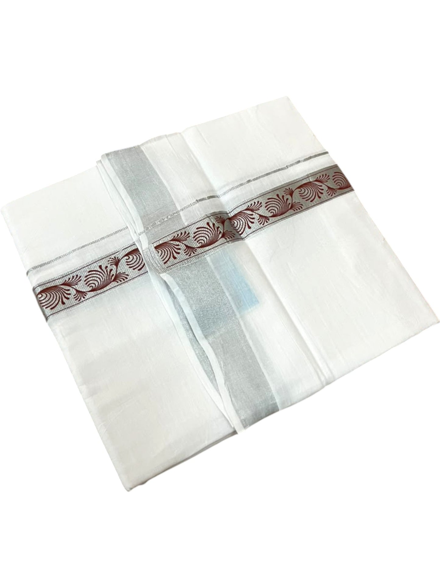 Southloom Pure White Cotton Mundu with Brown and Silver Kasavu Border (South Indian Kerala Dhoti)
