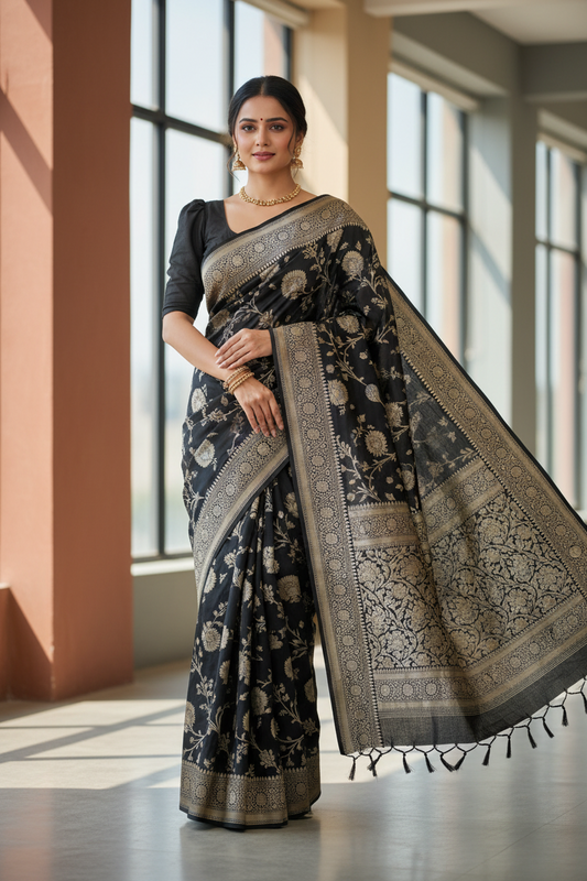 Southloom Pure Banarasi Silk Saree with Woven Work on Body and Borders (Black)