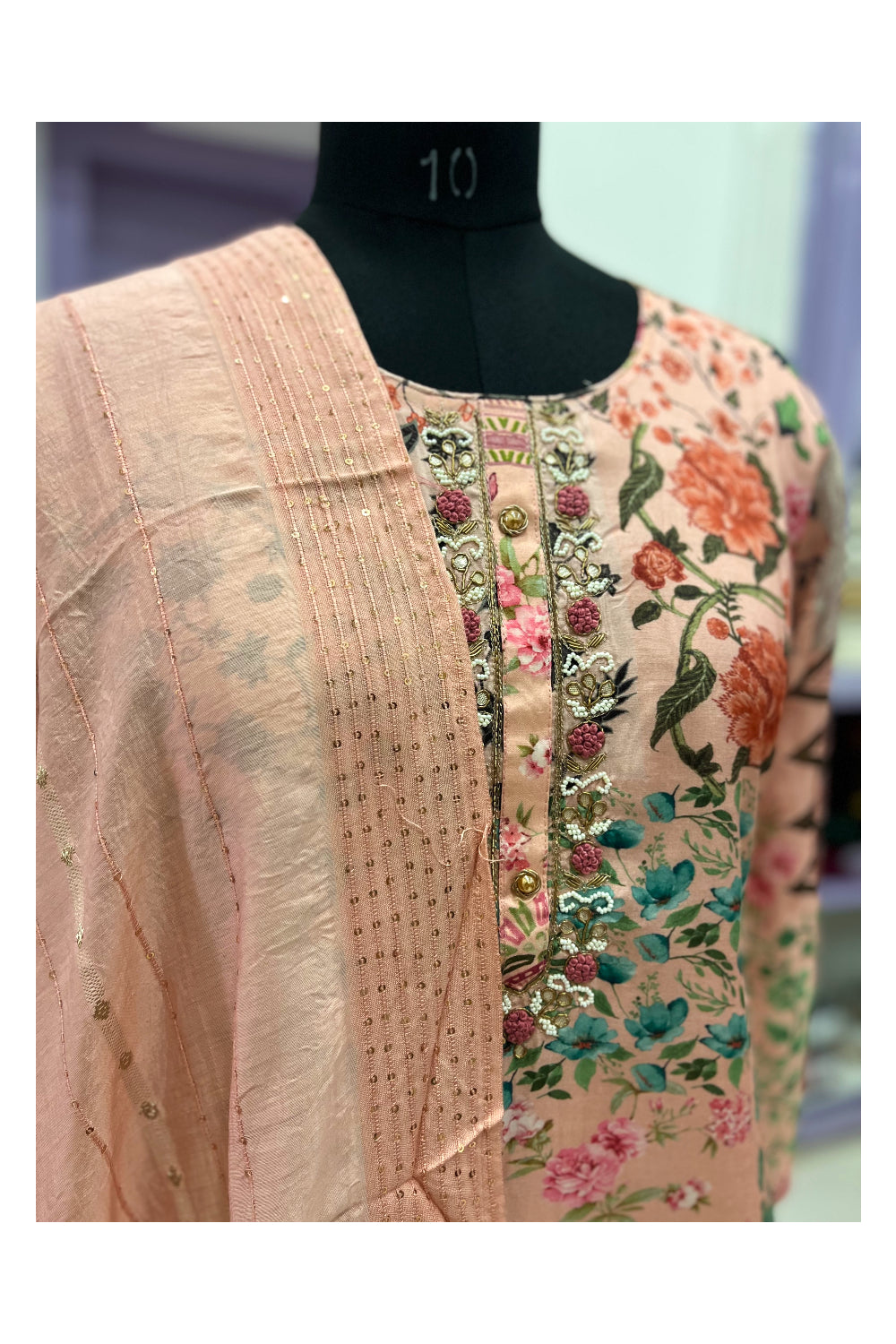 Southloom Stitched Semi Silk Peach Floral Printed Salwar Set